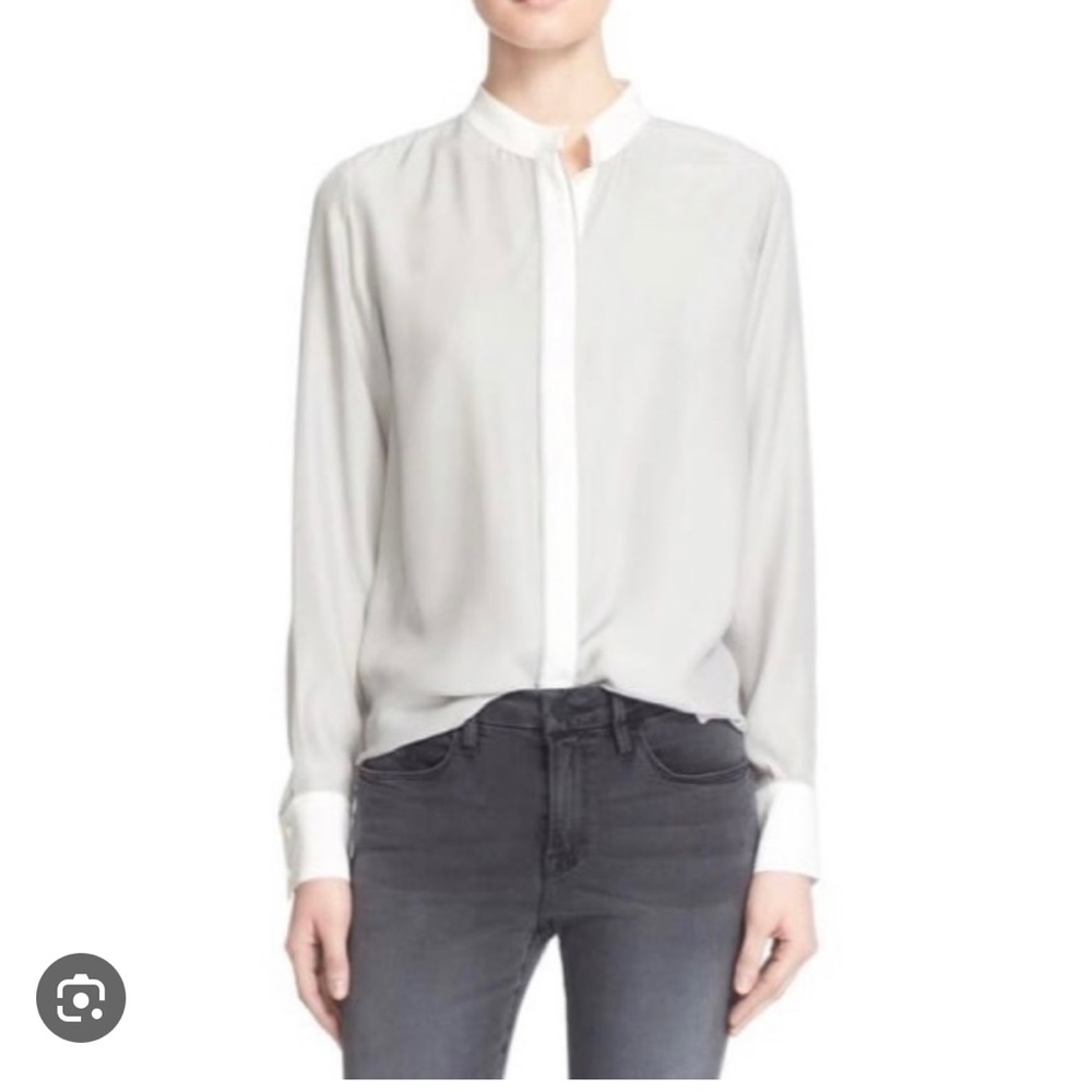 FRAME Silk Button-Down Blouse Smoke Gray w/ Ivory Trim - Size XS